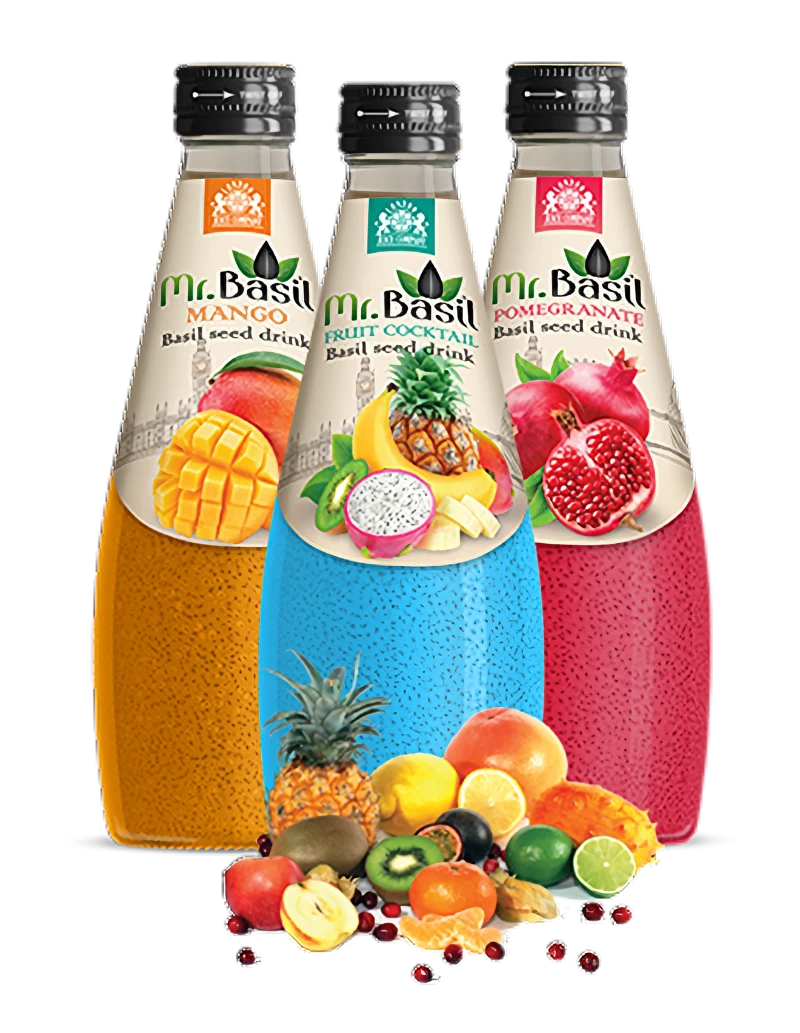Mr Basil basil seed drinks in Mango, Fruit Cocktail and Pomegranate